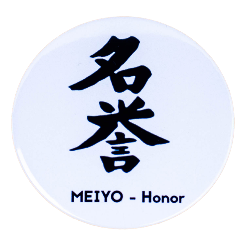 Przypinka Cnoty Samuraja Bushido Kanji MEIYO Honor 58 mm Japonia