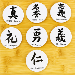 Przypinki Zestaw 7 szt Cnoty Samuraja Bushido Kanji 58 mm Japonia