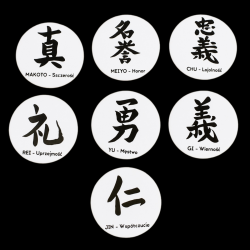 Przypinki Zestaw 7 szt Cnoty Samuraja Bushido Kanji 58 mm Japonia