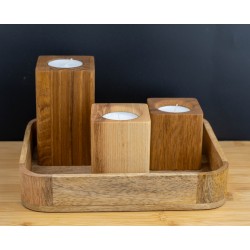 Ozdobny Zestaw 3 Świeczników oraz 2 Kul na podstawce z naturalnego drewna