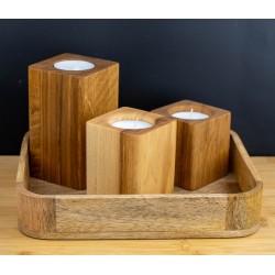 Ozdobny Zestaw 3 Świeczników oraz 2 Kul na podstawce z naturalnego drewna
